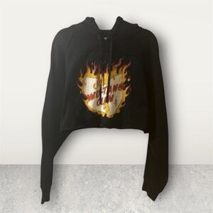 WuTang Clan Upcycled Black Cropped raw hem  Hoodie with Flame Graphic size M